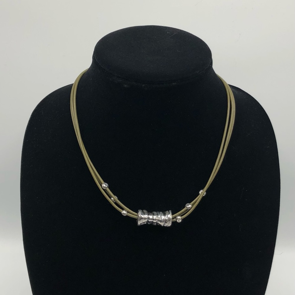 Silpada Sterling Silver Green Cord Hammered Tube Bead Pendant Necklace N1481